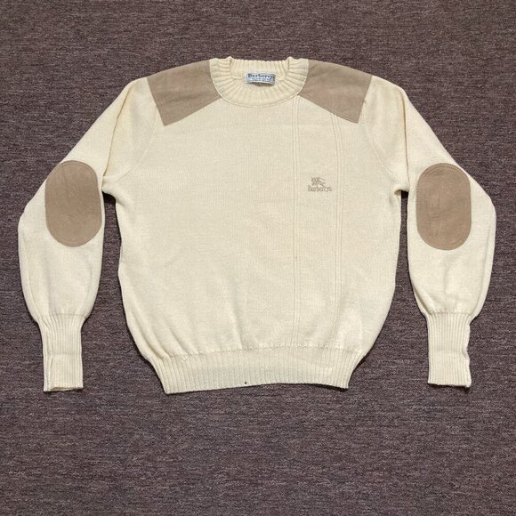 Vintage Burberrys 100% Pure New Wool Sweater Men's Small Cream Elbow Patches - Picture 1 of 16